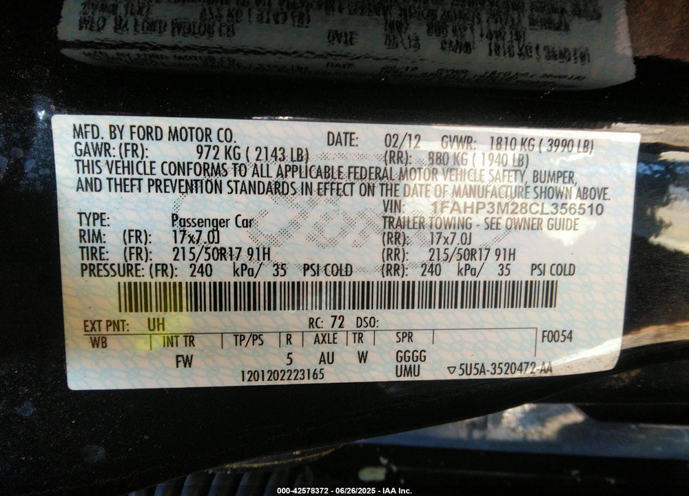 2012 FORD FOCUS VIN: 1FAHP3M28CL356510
