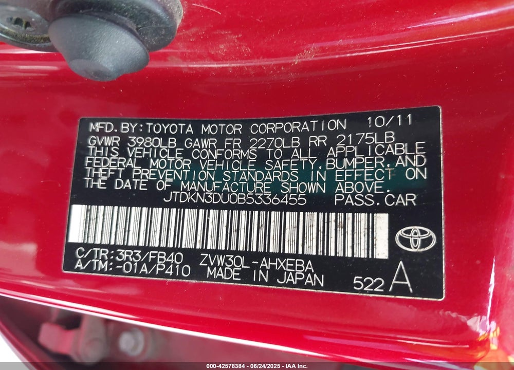2011 TOYOTA PRIUS VIN: JTDKN3DU0B5336455