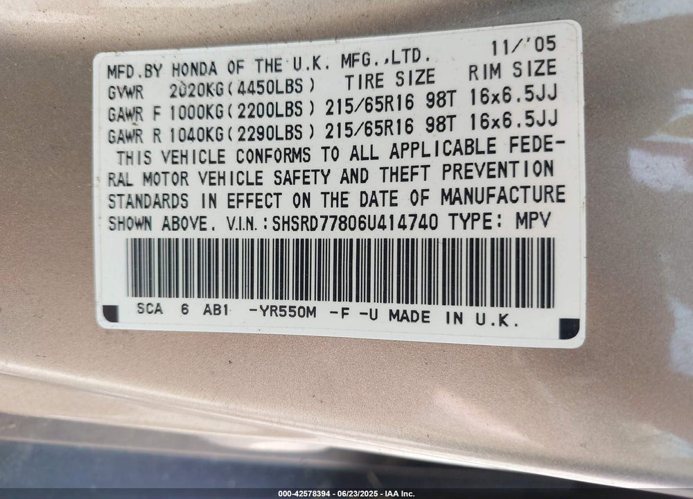 2006 HONDA CR-V EX VIN: SHSRD77806U414740