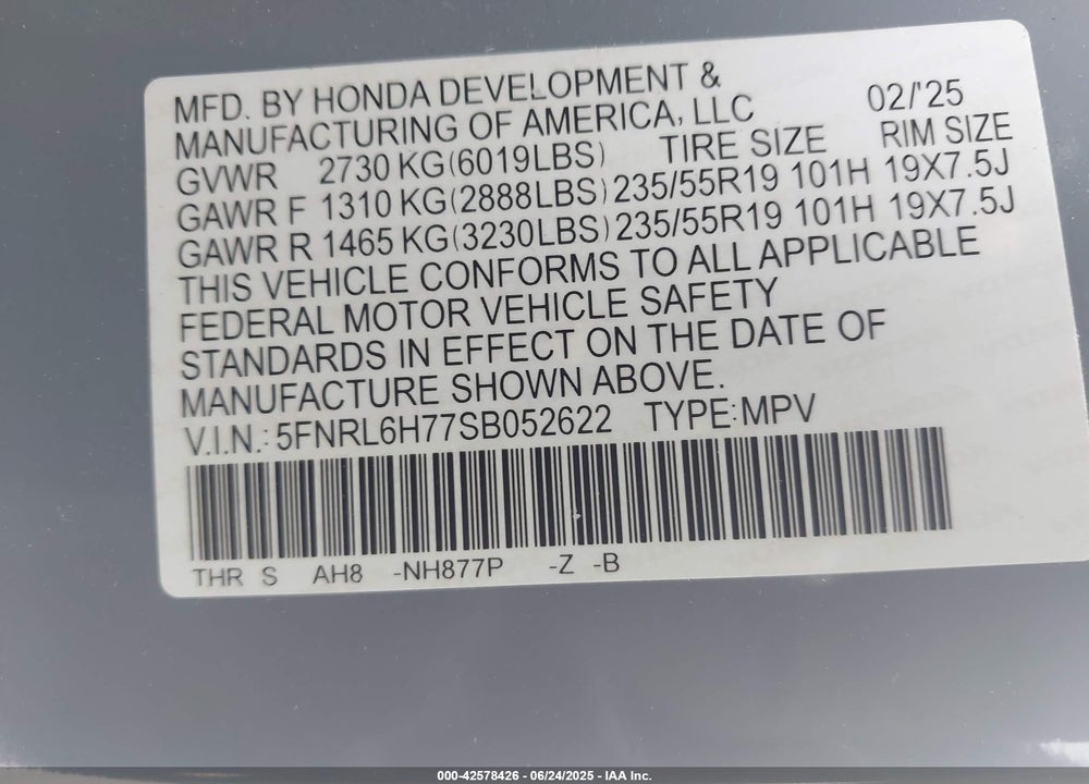 2025 HONDA ODYSSEY SPORT-L VIN: 5FNRL6H77SB052622