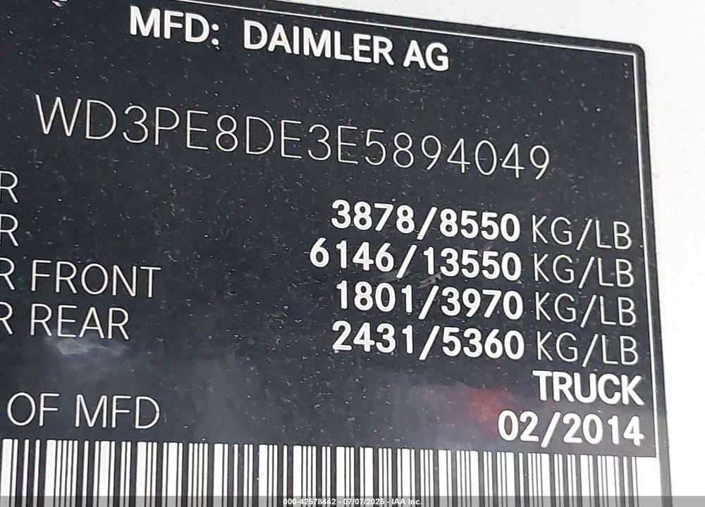 2014 MERCEDES-BENZ SPRINTER 2500 VIN: WD3PE8DE3E5894049