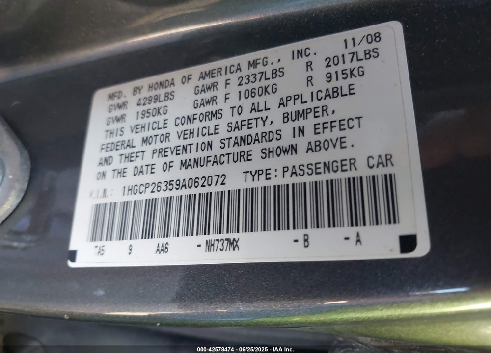2009 HONDA ACCORD 2.4 LX VIN: 1HGCP26359A062072