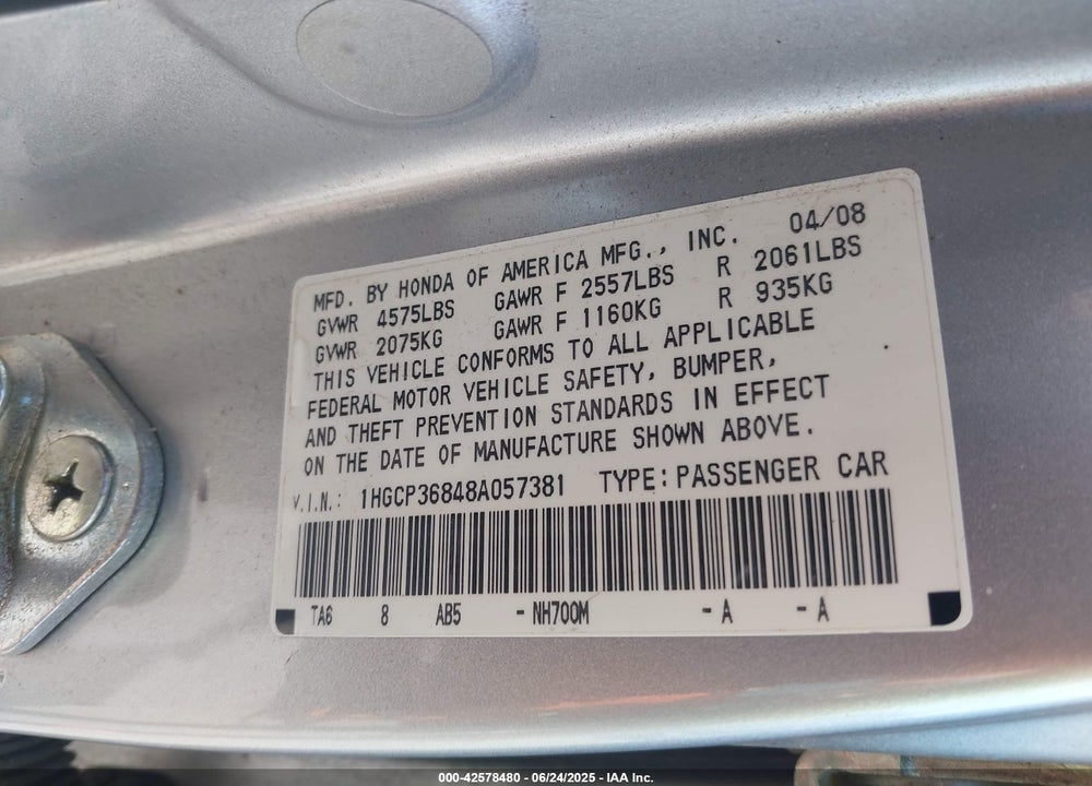 2008 HONDA ACCORD 3.5 EX-L VIN: 1HGCP36848A057381