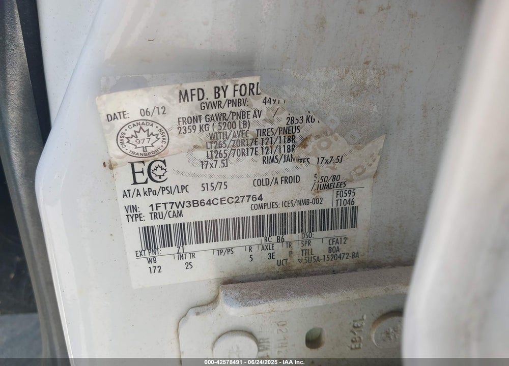 2012 FORD F 350 VIN: 1FT7W3B64CEC27764