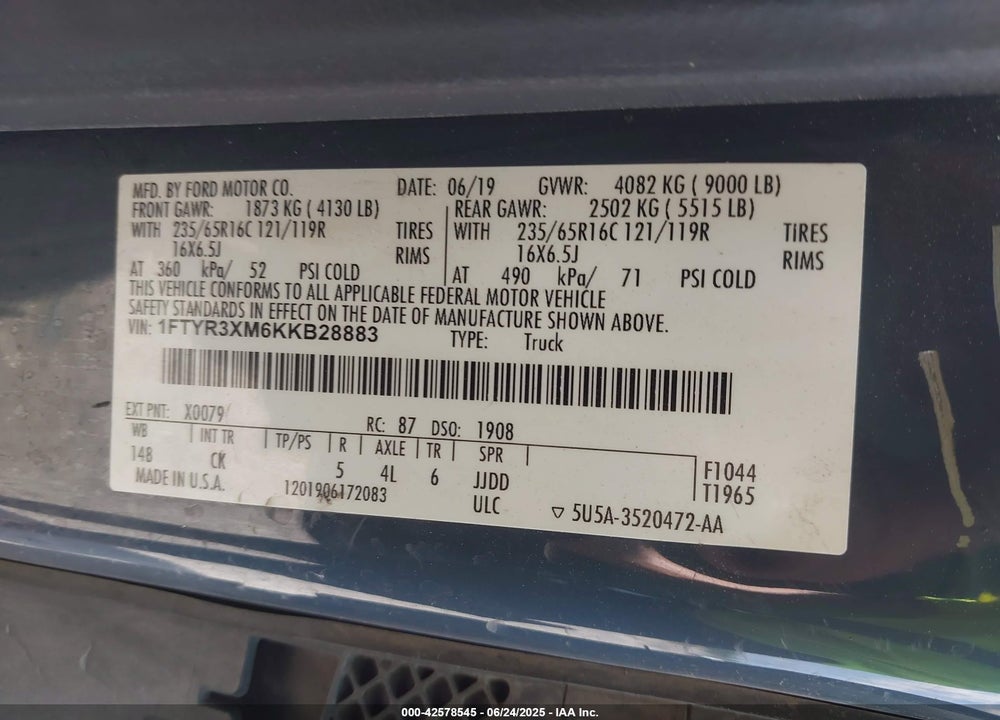 2019 FORD TRANSIT-250 VIN: 1FTYR3XM6KKB28883