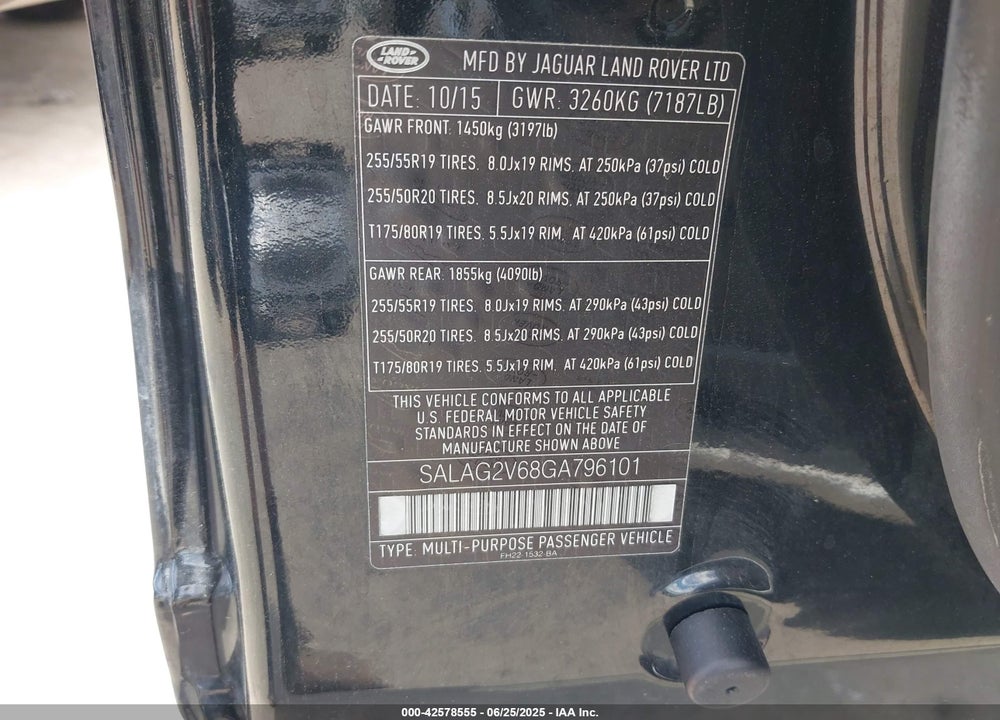 2016 LAND ROVER LR4 VIN: SALAG2V68GA796101