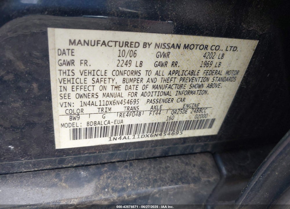 2006 NISSAN ALTIMA VIN: 1N4AL11DX6N454695
