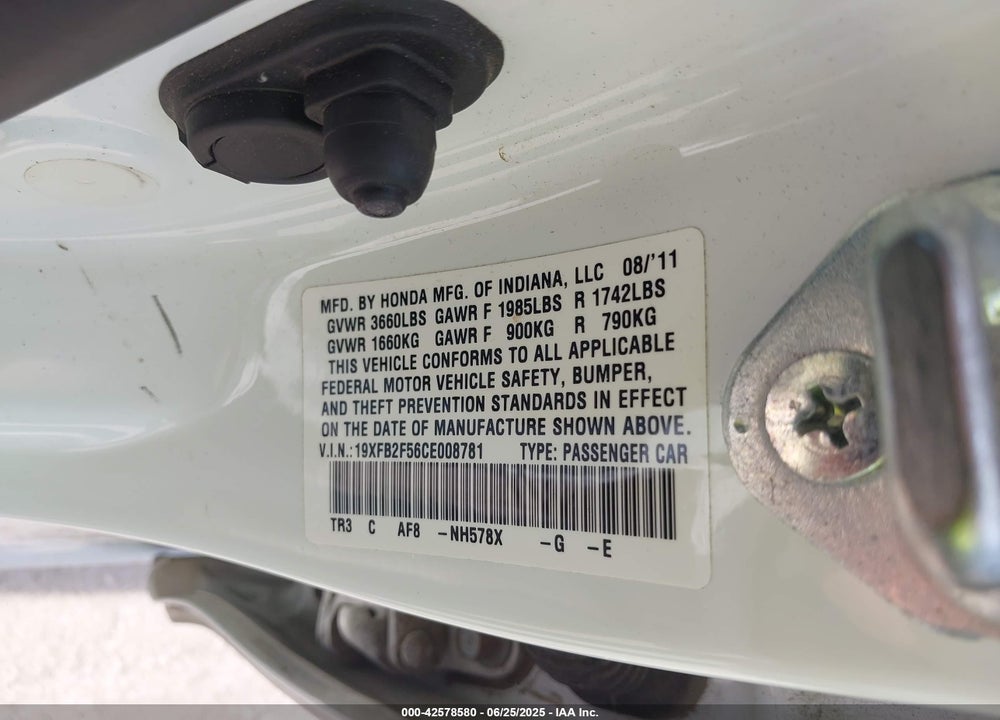2012 HONDA CIVIC VIN: 19XFB2F56CE008781