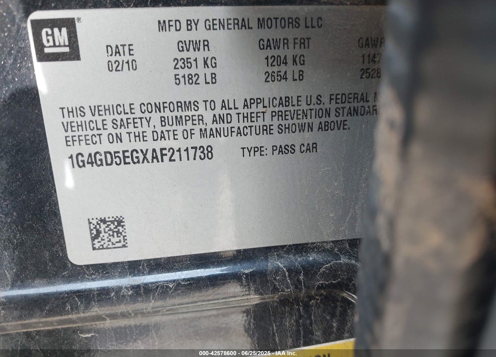 2010 BUICK LACROSSE VIN: 1G4GD5EGXAF211738