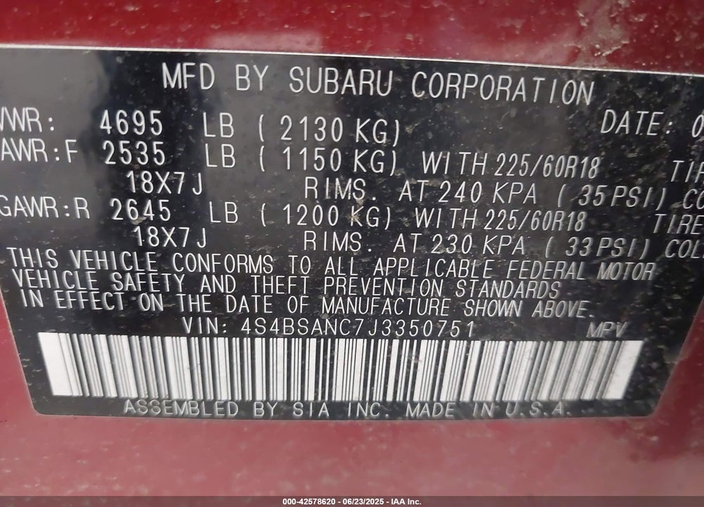 2018 SUBARU OUTBACK 2.5I LIMITED VIN: 4S4BSANC7J3350751
