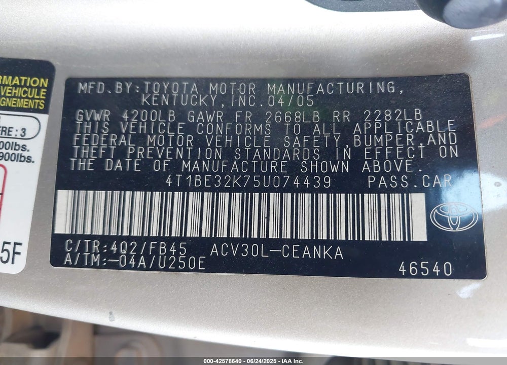 2005 TOYOTA CAMRY LE VIN: 4T1BE32K75U074439