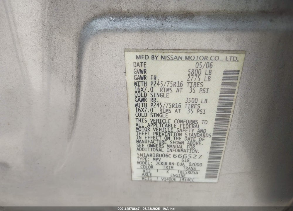 2006 NISSAN PATHFINDER VIN: 5N1AR18U06C666527