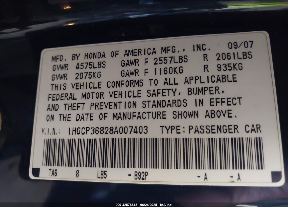 2008 HONDA ACCORD VIN: 1HGCP36828A007403