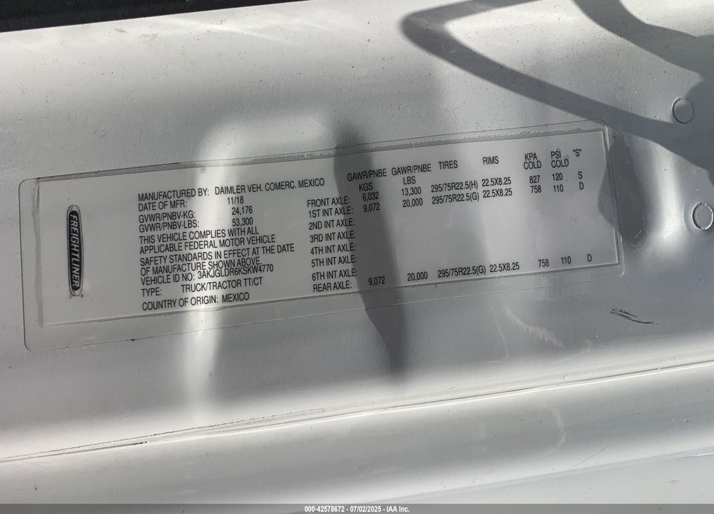 2019 FREIGHTLINER CASCADIA 125 VIN: 3AKJGLDR6KSKW4770