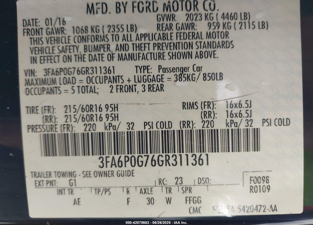 2016 FORD FUSION VIN: 3FA6P0G76GR311361