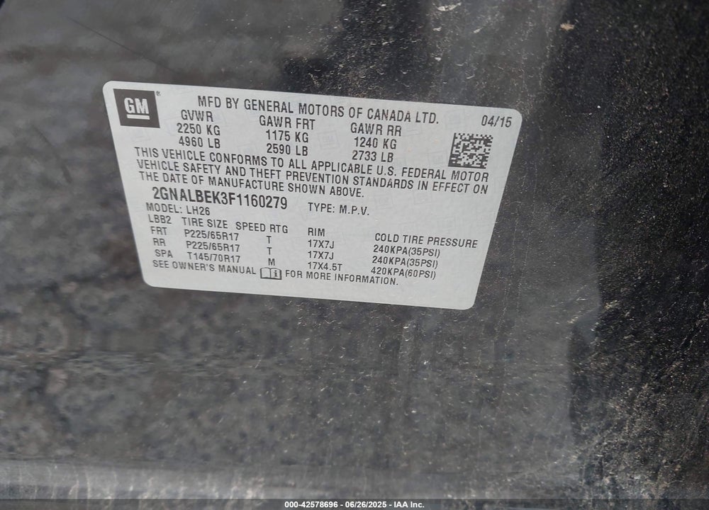 2015 CHEVROLET EQUINOX 1LT VIN: 2GNALBEK3F1160279