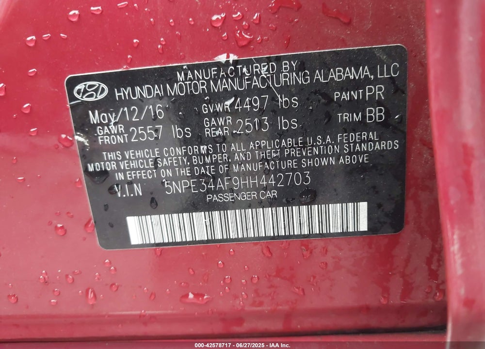 2017 HYUNDAI SONATA VIN: 5NPE34AF9HH442703