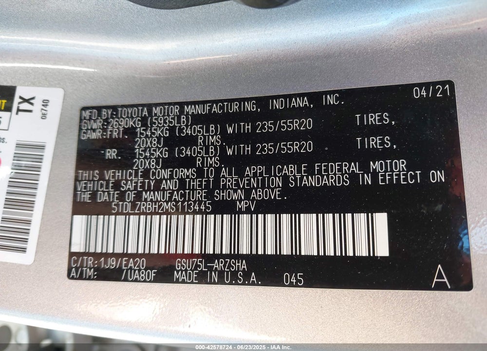 2021 TOYOTA HIGHLANDER VIN: 5TDLZRBH2MS113445