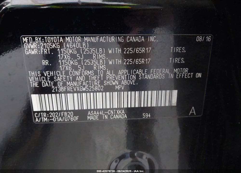 2016 TOYOTA RAV4 VIN: 2T3BFREVXGW525802