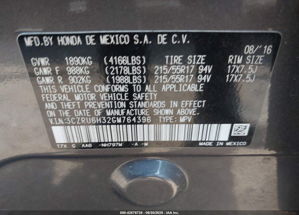 2016 HONDA HR-V VIN: 3CZRU6H32GM764396