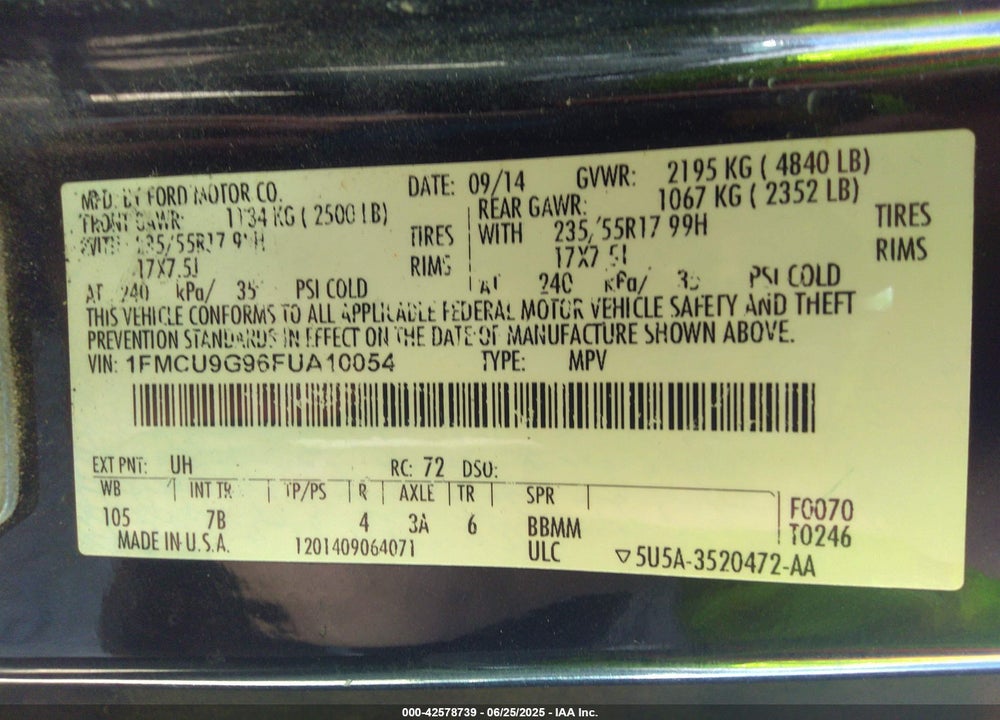 2015 FORD ESCAPE VIN: 1FMCU9G96FUA10054