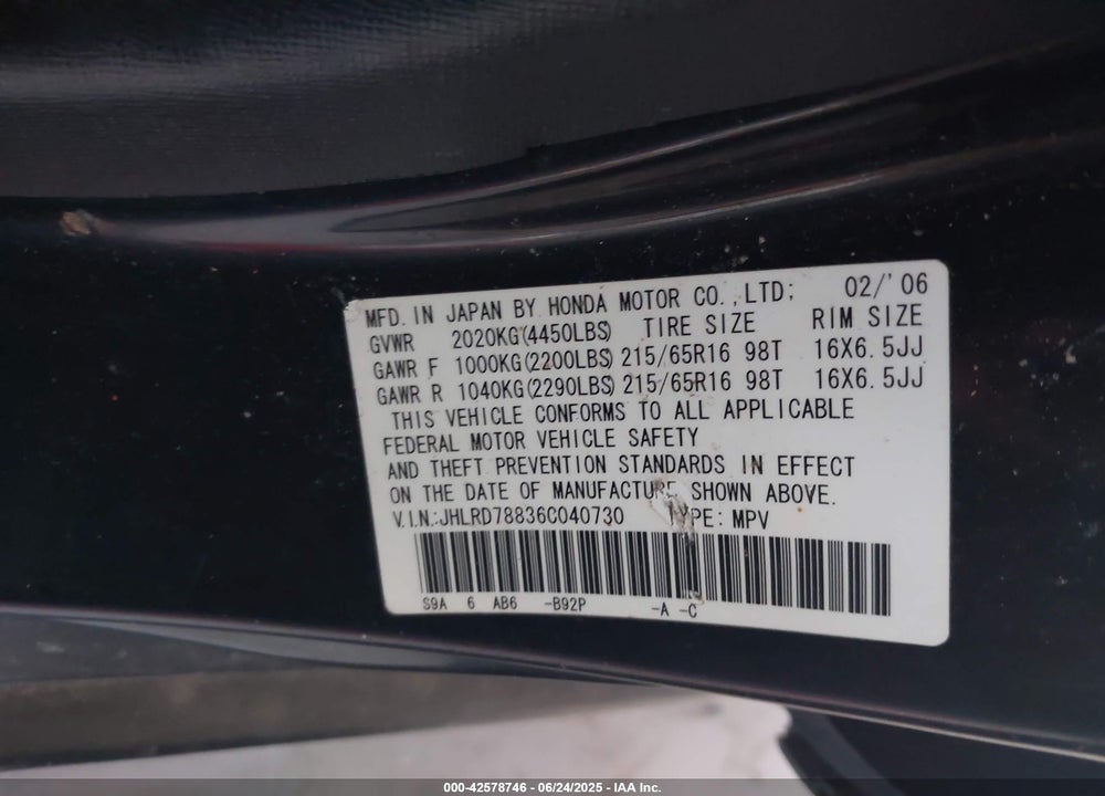 2006 HONDA CR-V VIN: JHLRD78836C040730