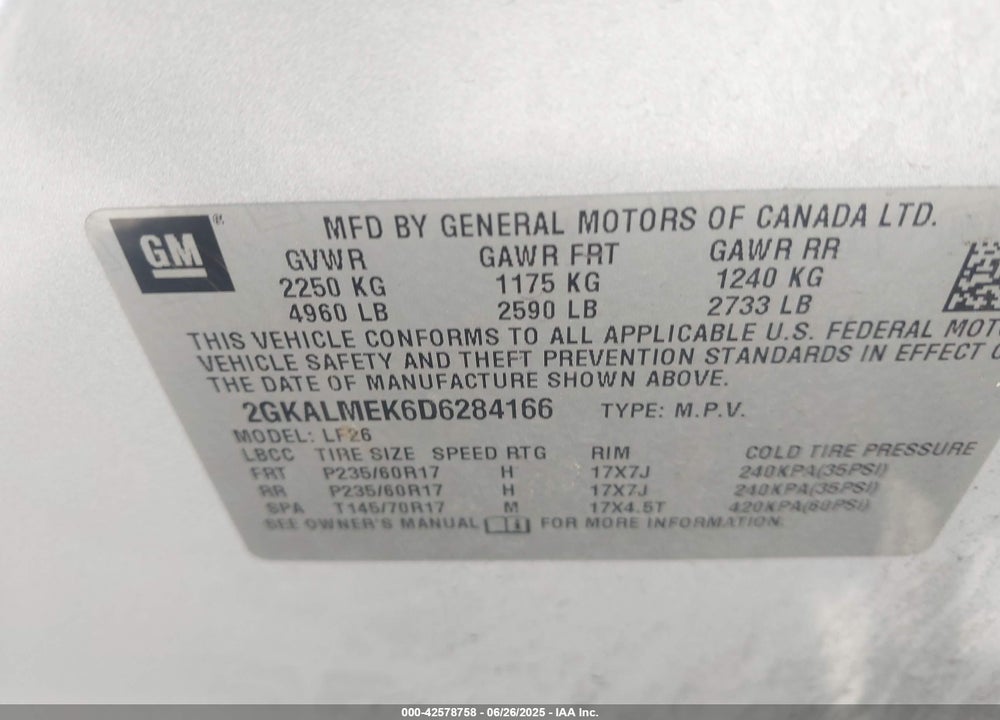 2013 GMC TERRAIN VIN: 2GKALMEK6D6284166