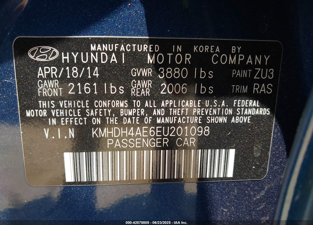 2014 HYUNDAI ELANTRA VIN: KMHDH4AE6EU201098