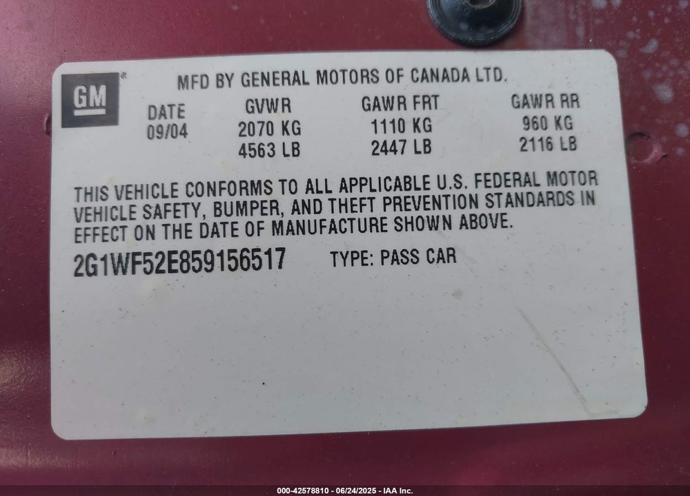 2005 CHEVROLET IMPALA VIN: 2G1WF52E859156517