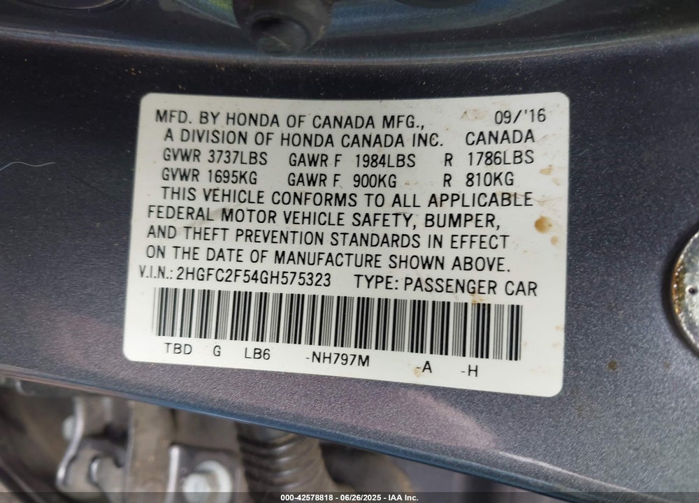 2016 HONDA CIVIC VIN: 2HGFC2F54GH575323