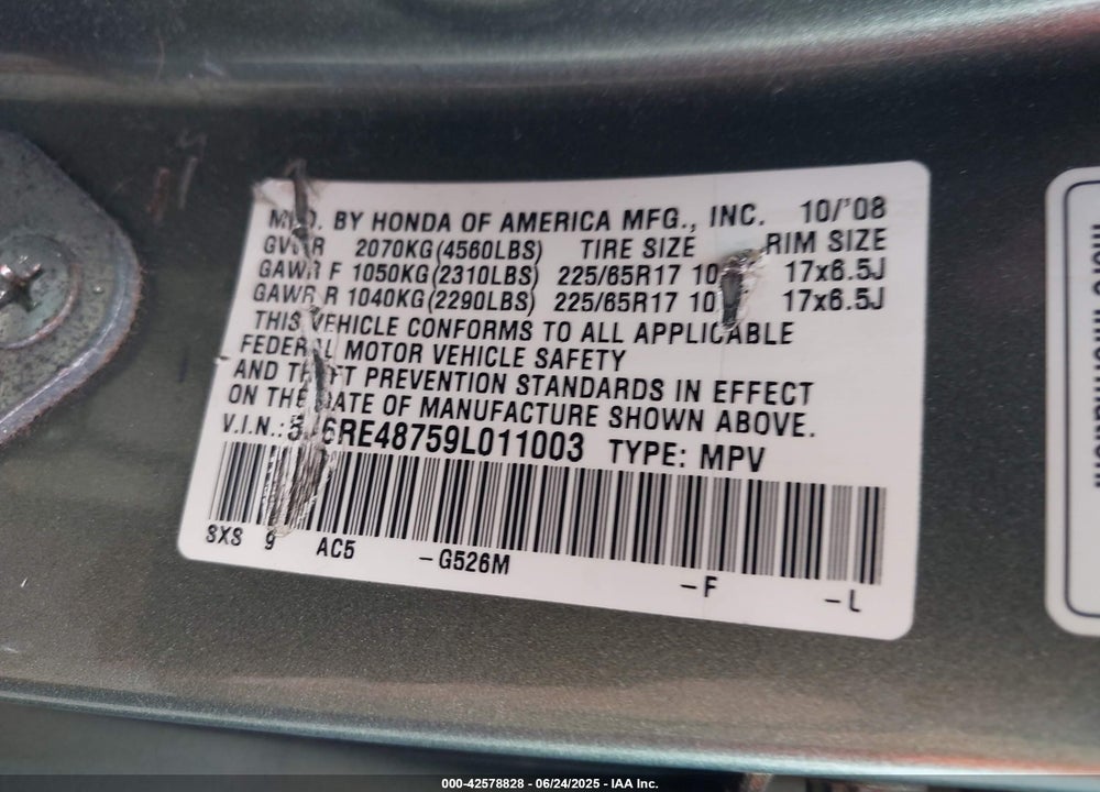 2009 HONDA CR-V VIN: 5J6RE48759L011003