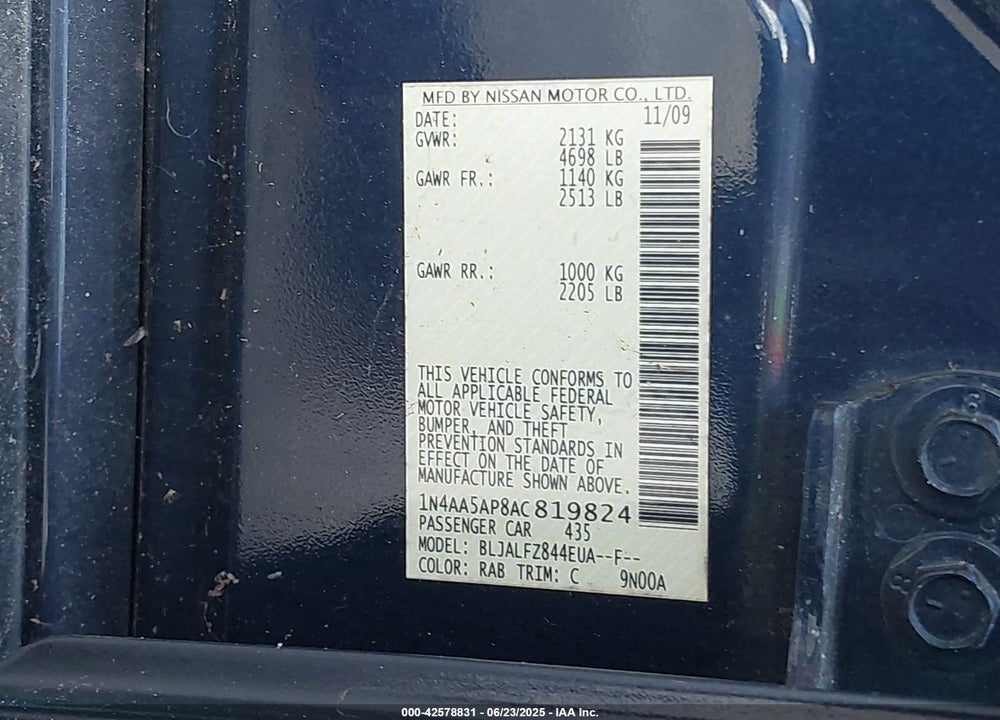 2010 NISSAN MAXIMA 3.5 SV VIN: 1N4AA5AP8AC819824
