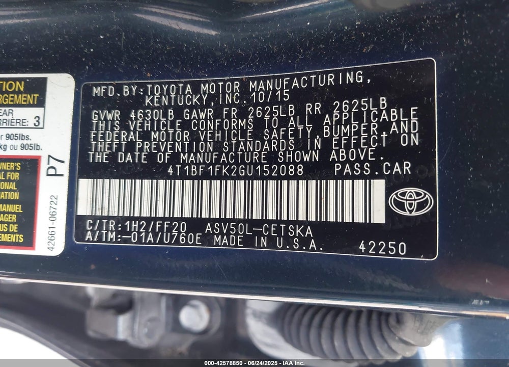 2016 TOYOTA CAMRY VIN: 4T1BF1FK2GU152088