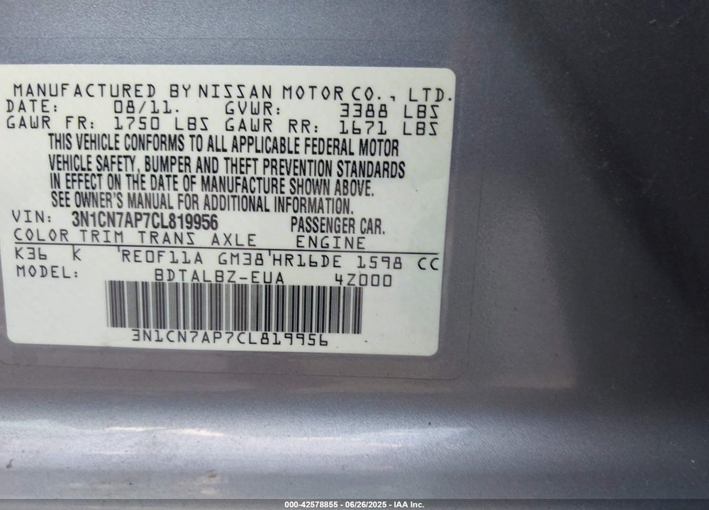 2012 NISSAN VERSA 1.6 SV VIN: 3N1CN7AP7CL819956