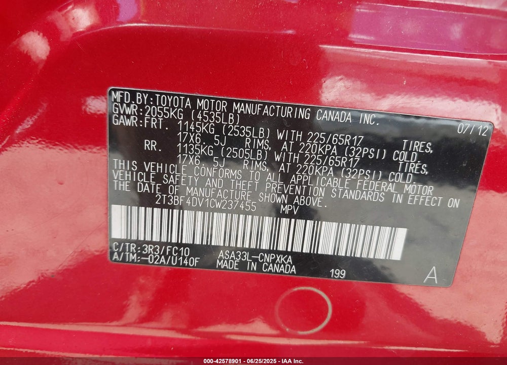 2012 TOYOTA RAV4 VIN: 2T3BF4DV1CW237455