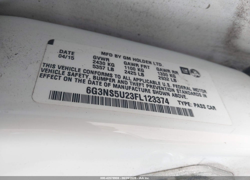 2015 CHEVROLET CAPRICE VIN: 6G3NS5U23FL123374