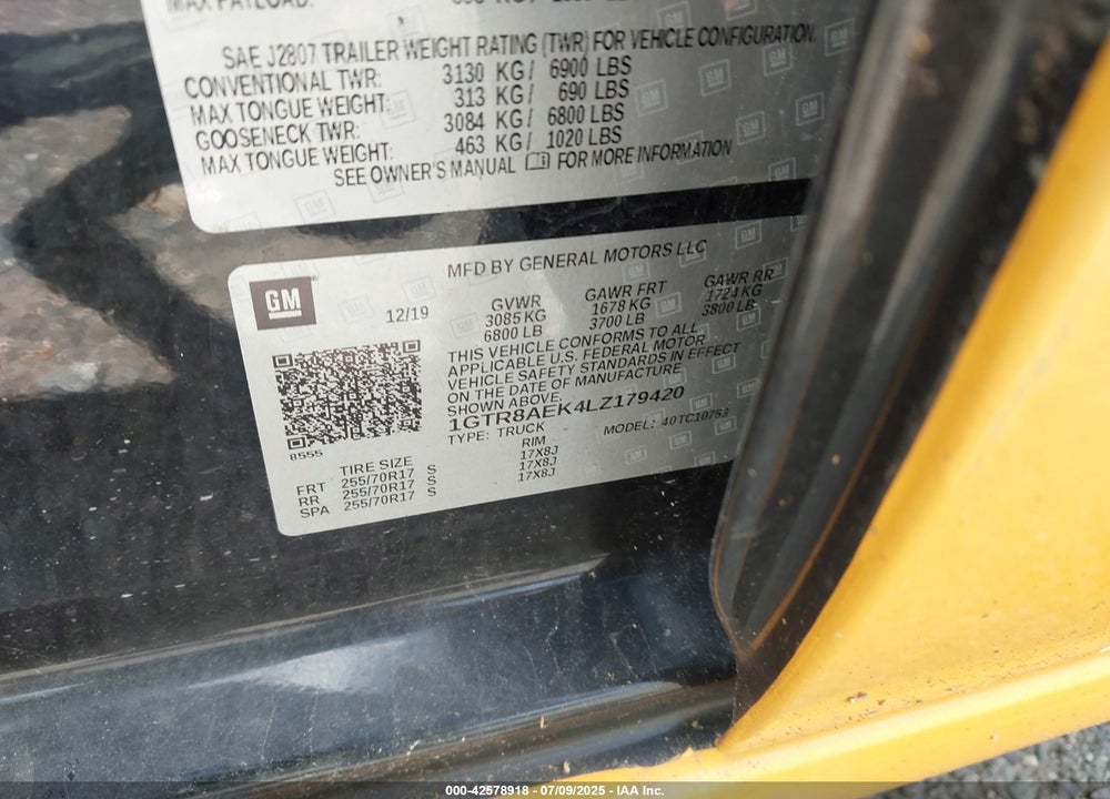 2020 GMC SIERRA 1500 VIN: 1GTR8AEK4LZ179420