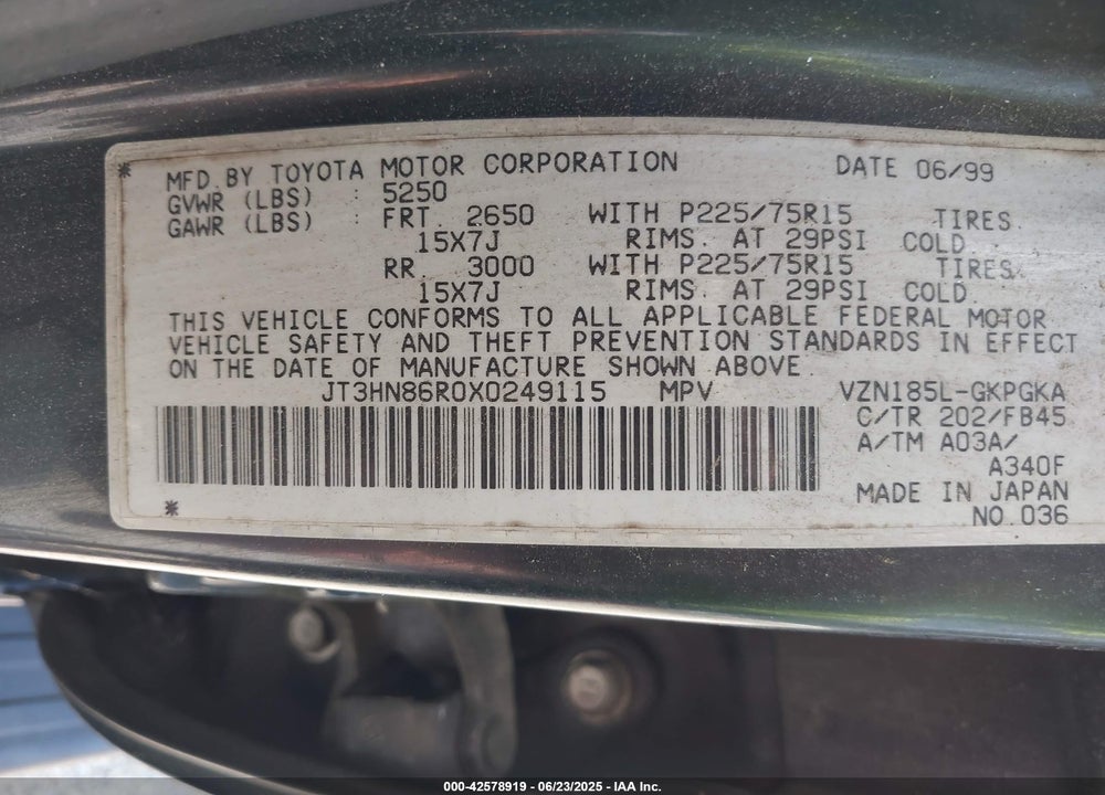 1999 TOYOTA 4RUNNER SR5 V6 VIN: JT3HN86R0X0249115