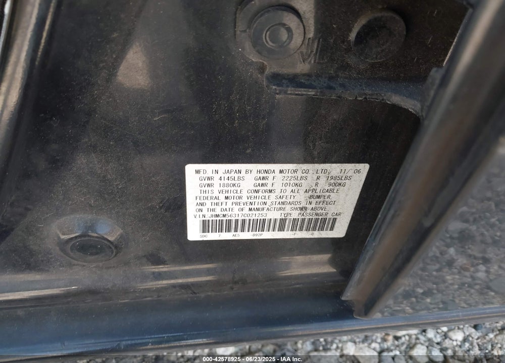 2007 HONDA ACCORD VIN: JHMCM56317C021253