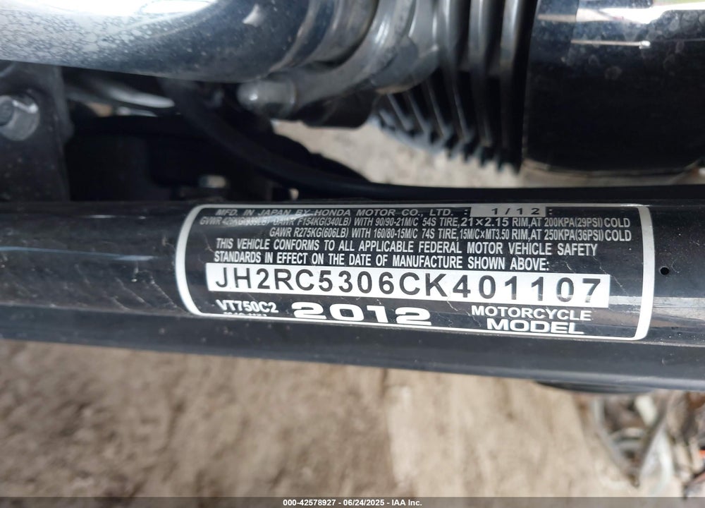2012 HONDA VT750 C2 VIN: JH2RC5306CK401107