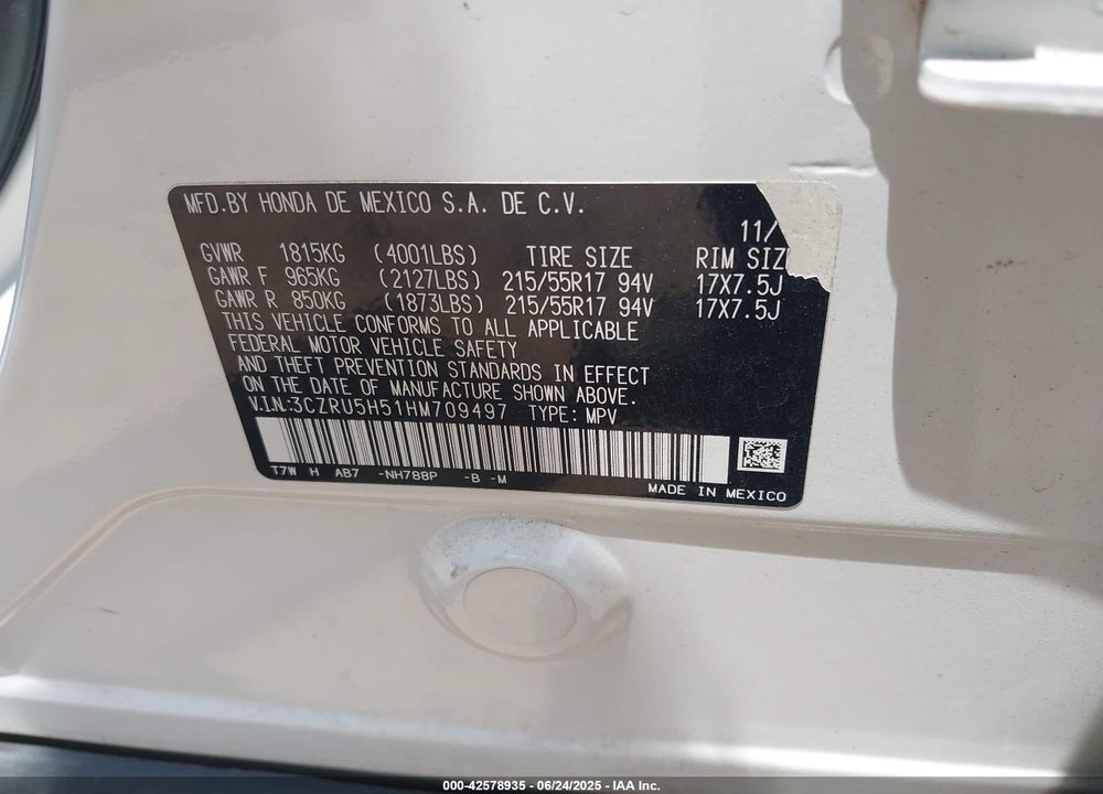 2017 HONDA HR-V VIN: 3CZRU5H51HM709497