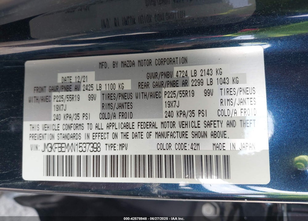 2022 MAZDA CX-5 2.5 S PREMIUM PLUS VIN: JM3KFBEMXN1537398