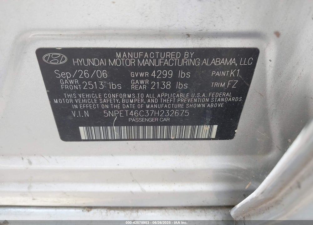 2007 HYUNDAI SONATA GLS VIN: 5NPET46C37H232675