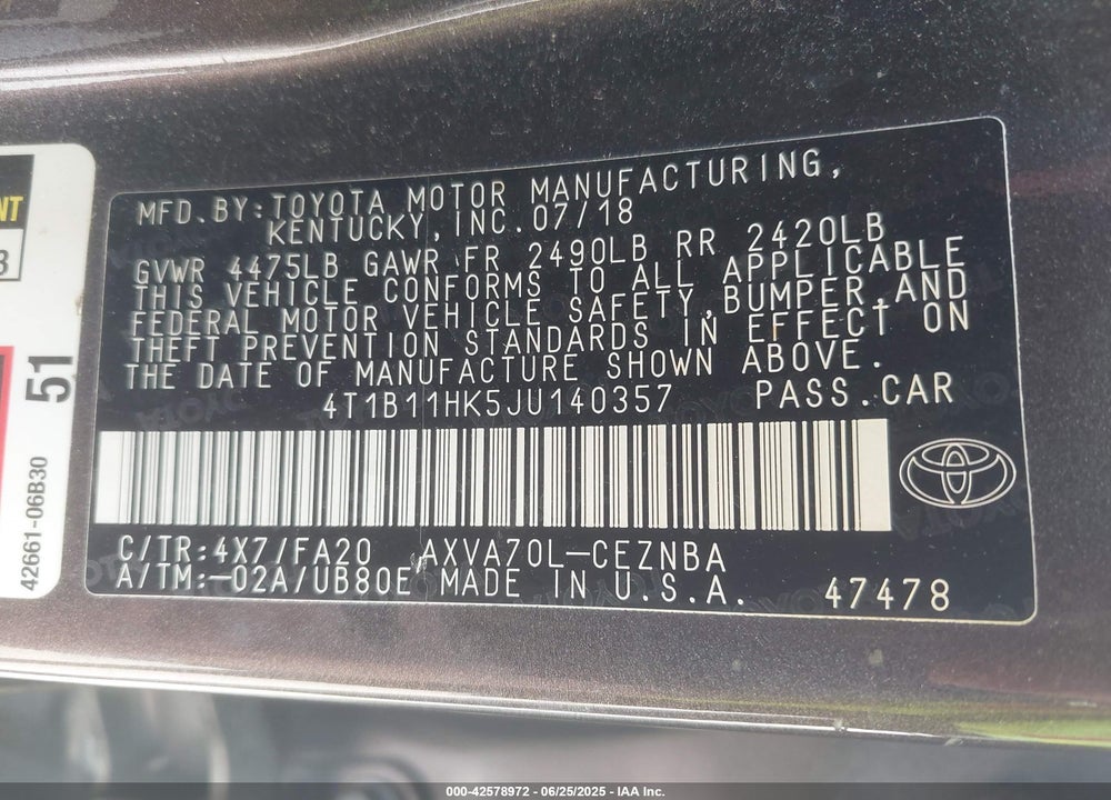 2018 TOYOTA CAMRY LE VIN: 4T1B11HK5JU140357