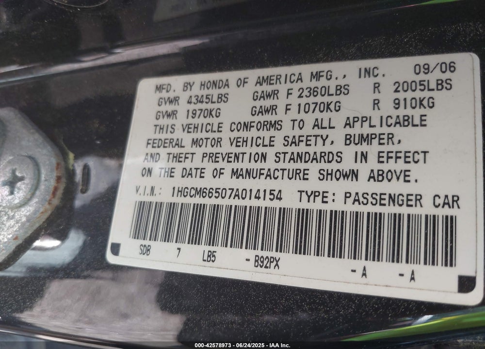 2007 HONDA ACCORD 3.0 EX VIN: 1HGCM66507A014154