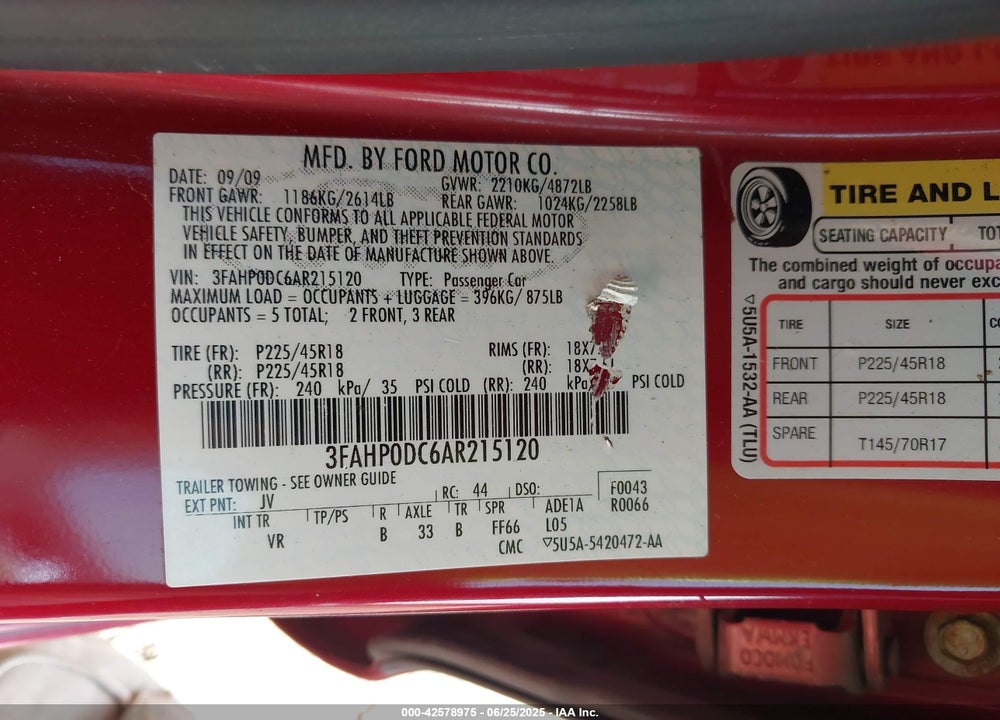 2010 FORD FUSION VIN: 3FAHP0DC6AR215120