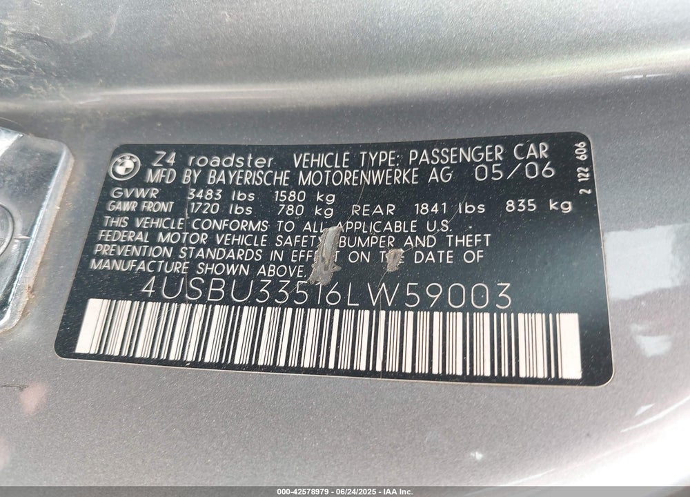 2006 BMW Z4 VIN: 4USBU33516LW59003