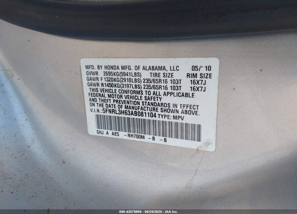 2010 HONDA ODYSSEY EX-L VIN: 5FNRL3H63AB081104