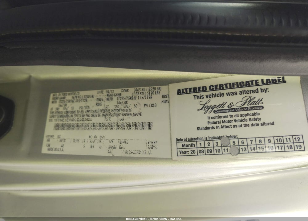 2012 FORD ECONOLINE VAN VIN: 1FTNE1EW0CDA89656