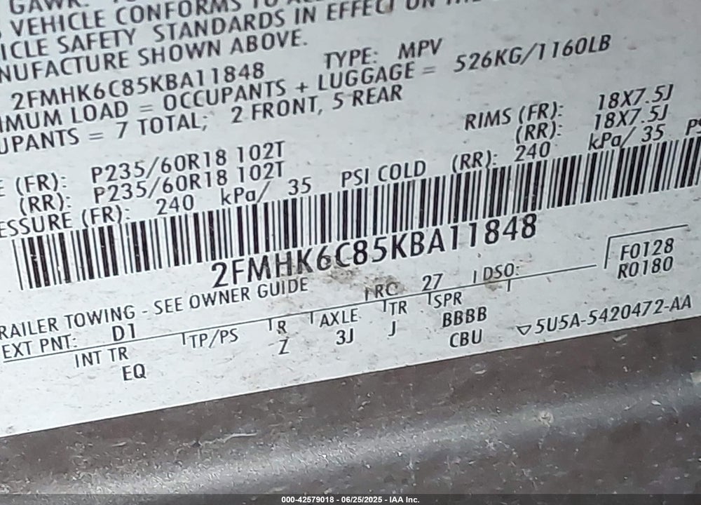 2019 FORD FLEX VIN: 2FMHK6C85KBA11848